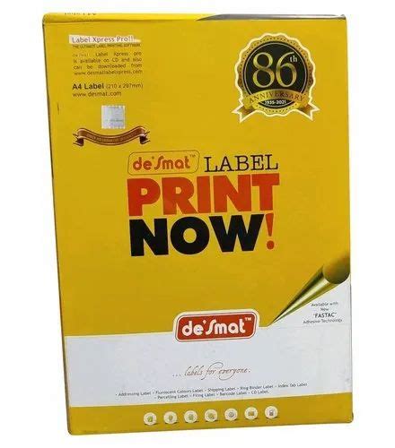 White Desmat A4 Size Paper Labels Size 210 X 297 Mm Packaging Type