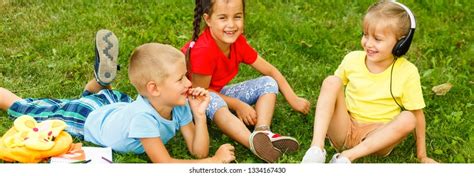 Group Happy Children Playing Outdoors Kids Stock Photo 1334167430