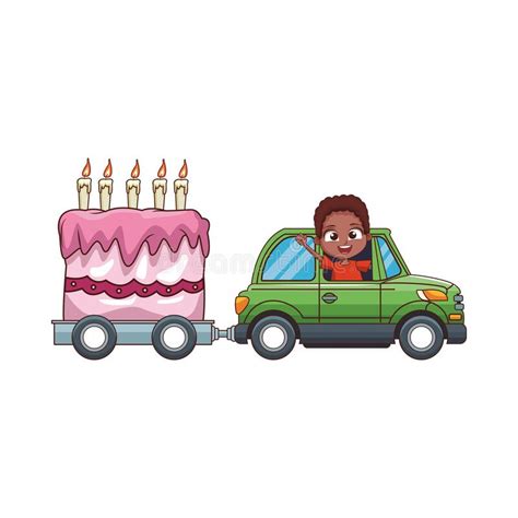 Cartoon Boy In A Car With Big Birthday Cake Colorful Design Stock