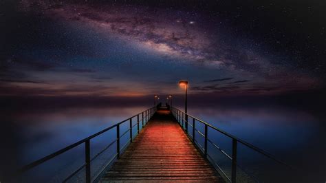 Ocean Pier Under Milky Way Sky Hd 4k Wallpaper