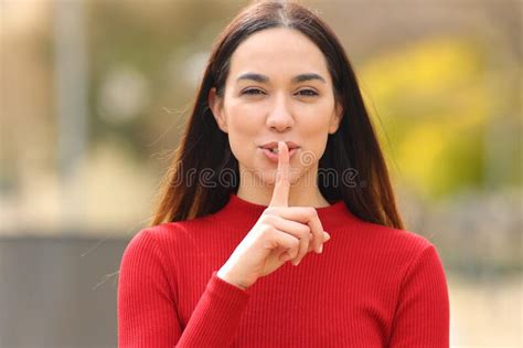 Happy Woman In Red Asking For Silence Stock Image Image Of Behaviour
