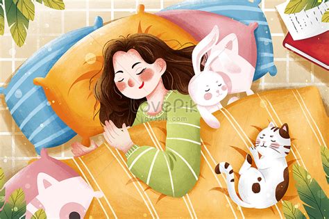 Sleeping Day Sleeping Girl With Cat Illustration Illustration Imagepicture Free Download