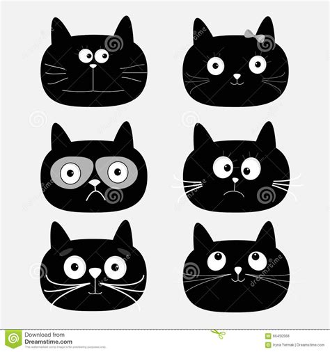 Cute Black Cat Head Set Funny Cartoon Characters White Background