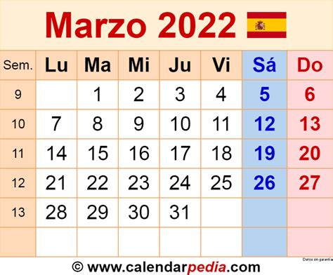 Calendario Marzo 2022 En Word Excel Y Pdf Calendarpedia