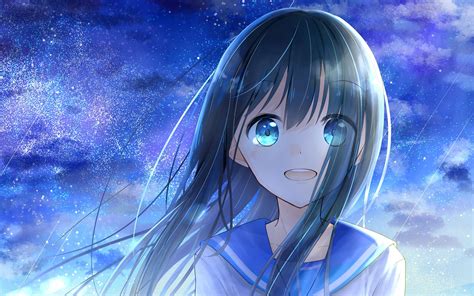 Download Wallpaper 3840x2400 Girl Smile Stars Anime Art Blue 4k