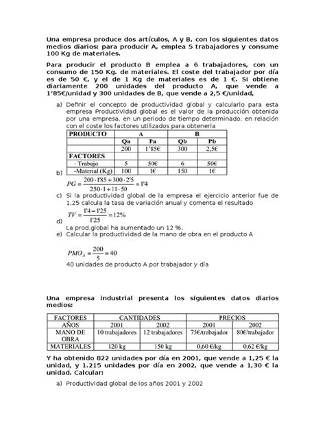 Ejercicios Resuelto De Productividad Factores De Producción Ciencias Económicas