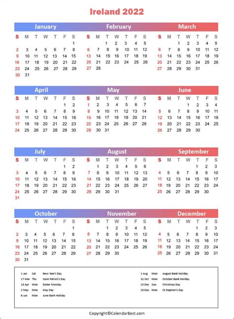Free Printable Ireland Calendar 2022 With Holidays