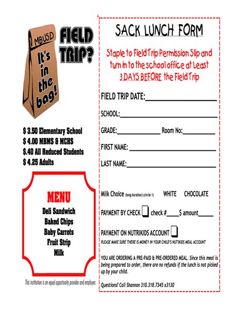 Fillable Online Field Trip Lunch Order Formpdf School Nutrition And