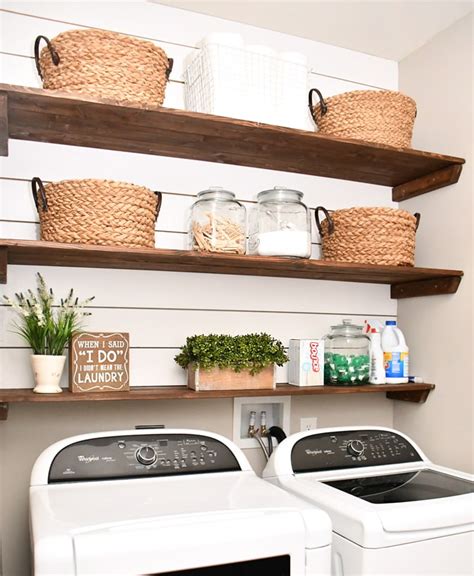How to make and install beautiful wood diy floating shelves. Laundry Room Shiplap and DIY Wood Shelves - Easy Tutorial