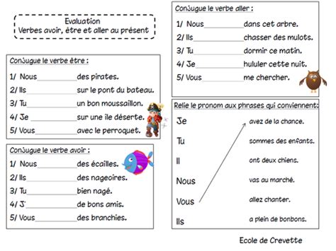 Evaluation Etre Avoir Et Aller Au Pr Sent L Ecole De Crevette