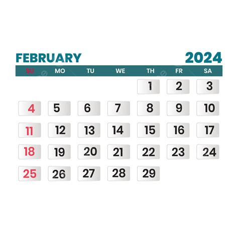 February Monthly Calendar 2024 With Transparent Background Vector