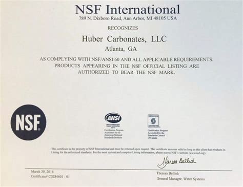 Huber Carbonates Llc Granted Prestigious Nsfansi 60 Certification By