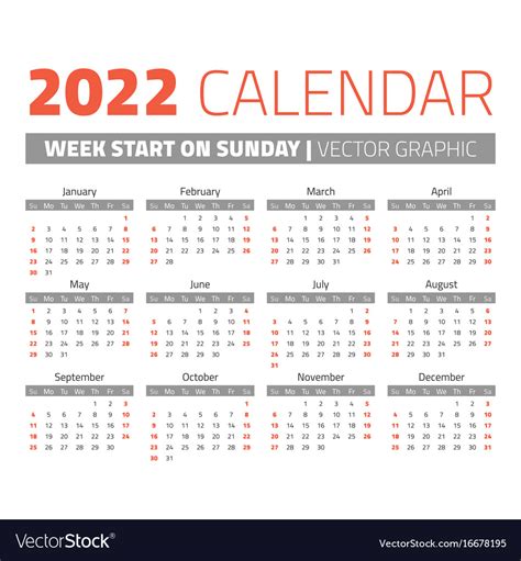 Simple 2022 Year Calendar Royalty Free Vector Image