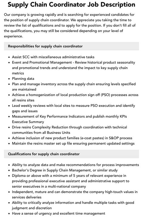 Supply Chain Coordinator Job Description Velvet Jobs