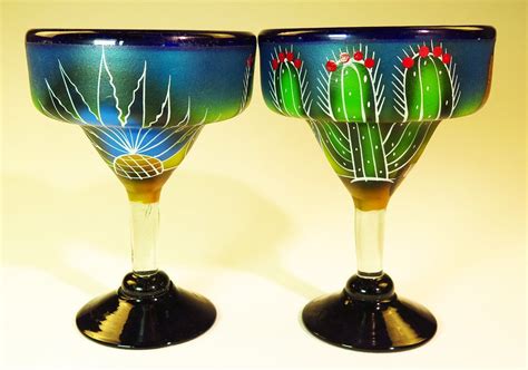 Mexican Margarita Glasses And Pitcher Set With Display Rack Hand Blown Hand Painted Blue With