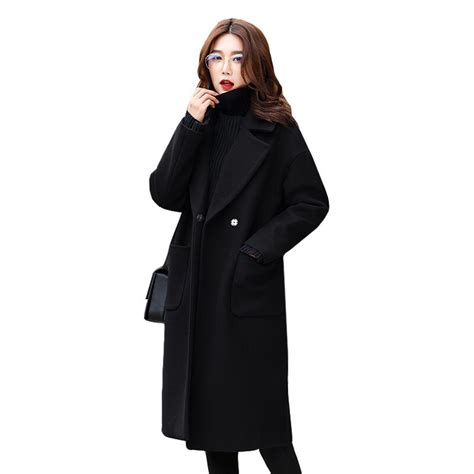 women woolen blended coat autumn winter black long cashmere woolen coat oversize itself female