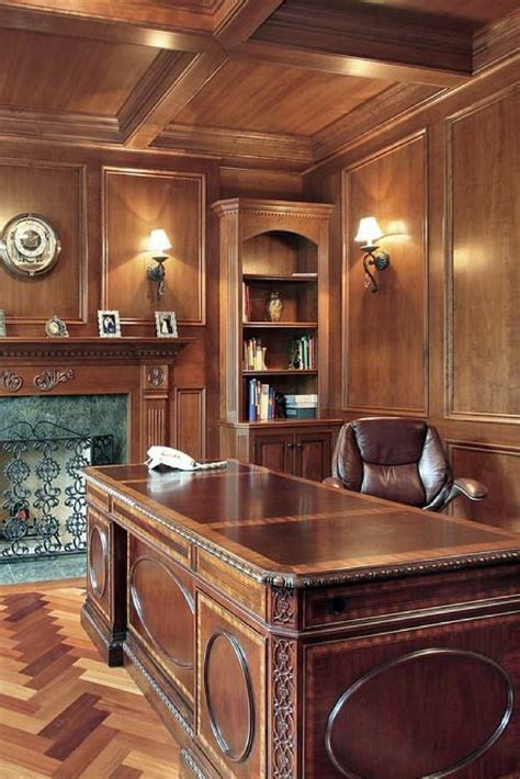 Old World Style Home Office With Wood Paneling Large Executive Desk