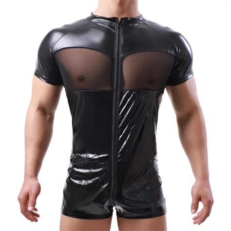 Undershirts Sexy Mens Faux Leather Wetlook Zipper Bodysuits One Piece