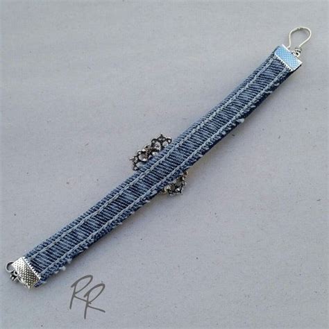 Denim Bracelet Recycled Jeans Upcycled Jewelry Rhinestone Bangle