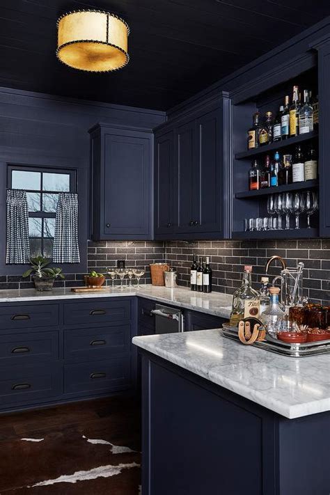Dark Blue Bar Cabinets With Black Staggered Backsplash Tiles