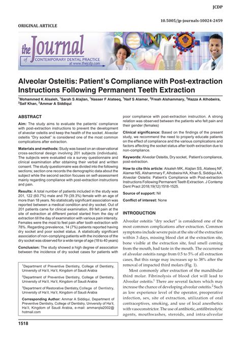 Pdf Alveolar Osteitis Patients Compliance With Post Extraction