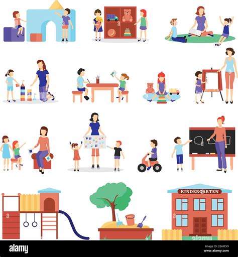 Kindergarten Icons Set With Parents And Children Symbols Flat Isolated