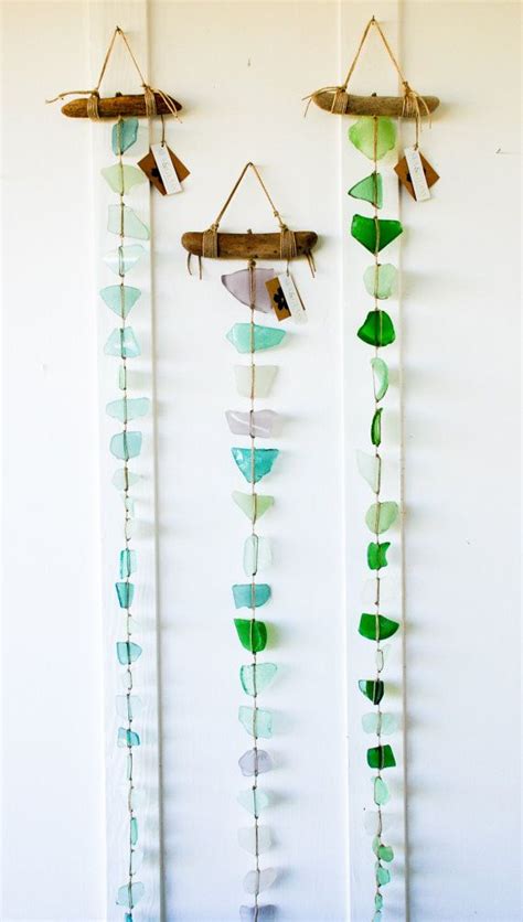 Long Sea Glass Wall Hanging Mobile Suncatcher Rustic Decor Beach Art Glass Crafts Sea