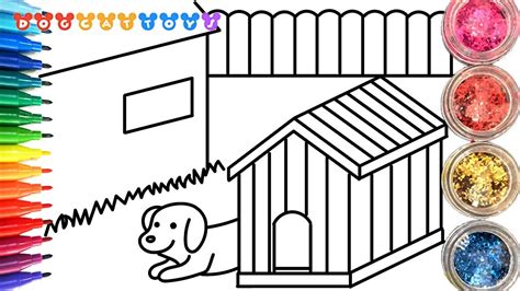 How To Draw And Color A Kennel Dog House In The Garden Drawing