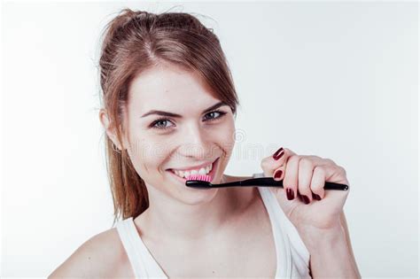 Beautiful Girl Cleans White Teeth Toothbrush Smile Stock Image Image