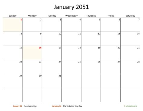 January 2051 Calendar With Bigger Boxes