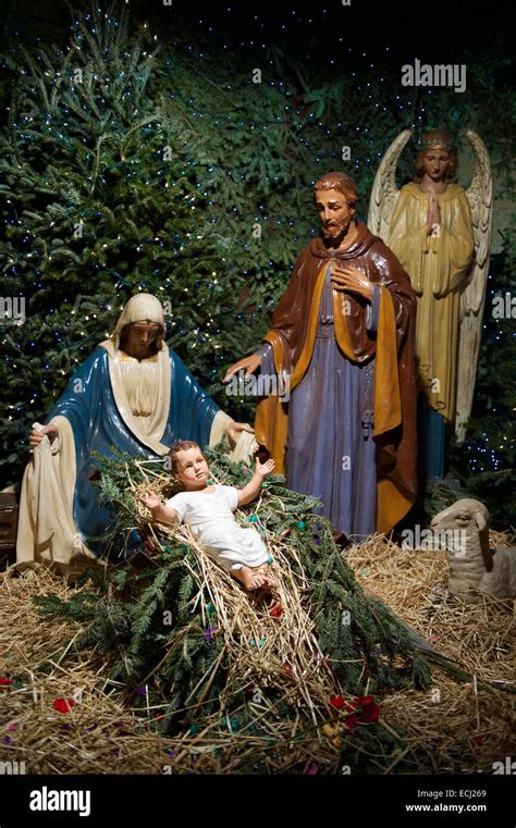 Christmas Nativity Scene With Mary Joseph And The Angel Gabriel