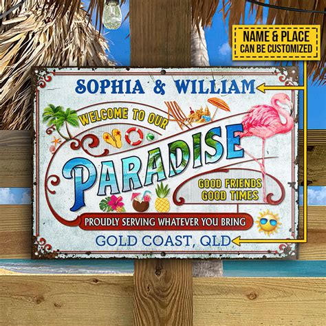 Personalized Flamingo Beach Our Paradise Customized Classic Metal Sign