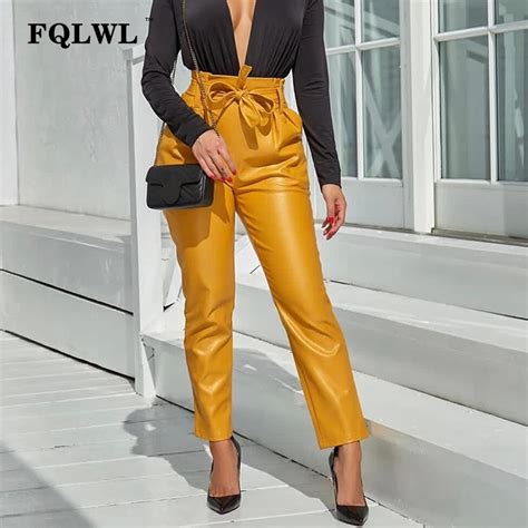 Fqlwl Casual Sashes Faux Pu Leather Pants Women Belt Bandage High Waist