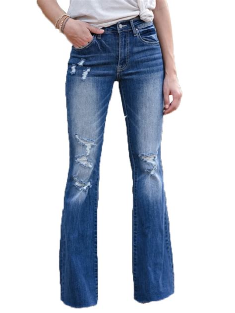 Upairc Womens Ripped Bootcut Jeans Flared Slim Fitness Stretchy Denim Pants Frayed Trousers