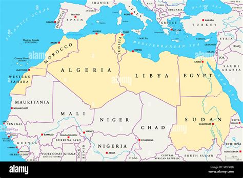 Lafrique Du Nord Une Carte Politique Zone De Couleur Jaune Avec Les