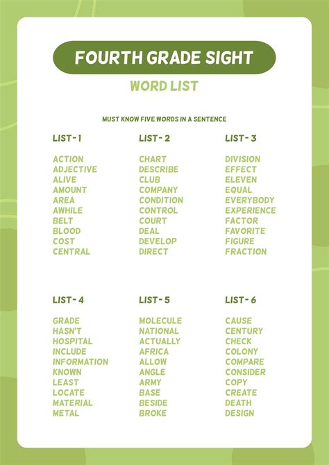 4th Grade Sight Word List