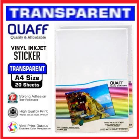Quaff Vinyl Inkjet Sticker A4 Size Glossy Transparent For Labels And