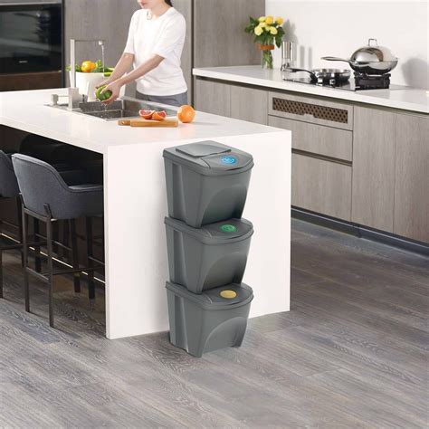 Stackable Recycle Bins 25l X 3 Food Waste Recycling Lids Dustbin