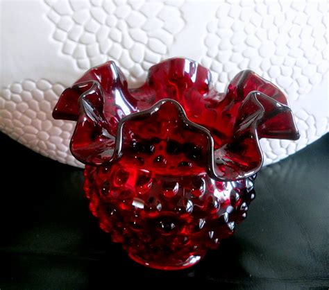 Vintage Fenton Collectible Glass Ruby Red Hobnail Ruffled Edge