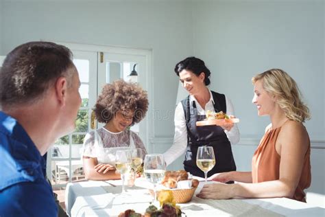 Waitress Serving Food To Customers Stock Image Image Of Caucasian