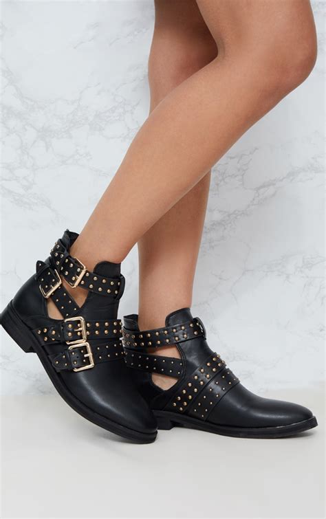 Black Studded Buckle Ankle Boots Prettylittlething