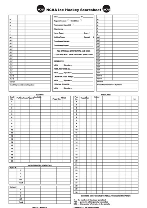 Ncaa Ice Hockey Scoresheet Printable Pdf Download