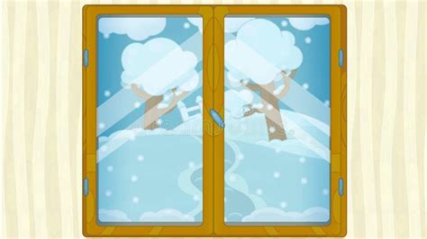 Cartoon Scene With Weather In The Window Winter Snowy Isolated
