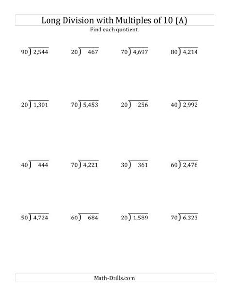 Long Division By Multiples Of 10 With Remainders A