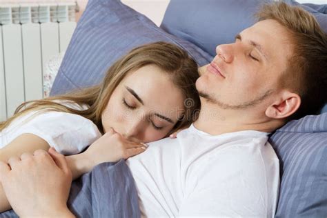 Young Cute Couple Sleeping Together In Bed Stock Photo Image Of