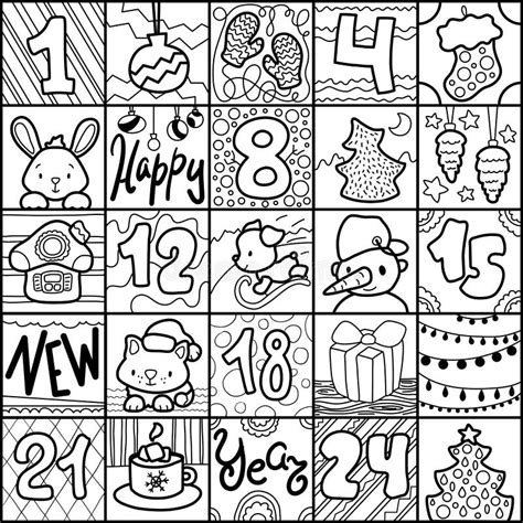 Christmas Advent Calendar For Coloring Black And White Doodle Vector