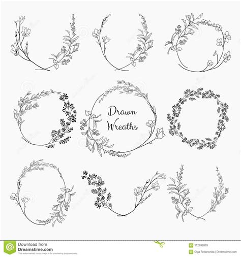 Doodle Wreaths With Branches Herbs Plants And Flowers Stock Vector