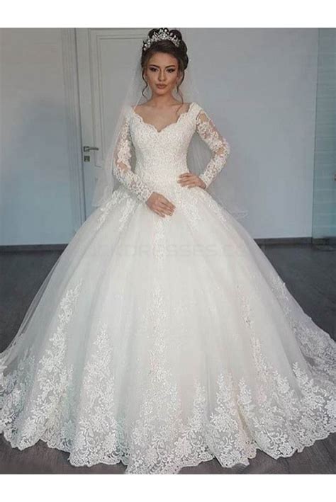 Bridal Ball Gown V Neck Lace Long Sleeves Wedding Dresses Bridal Gowns