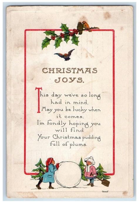 1914 Christmas Holly Bird Poem Little Girls Shovel Giant Snowball