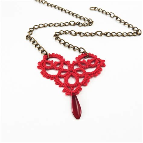 Valentine Red Lace Heart Necklace Valentines Day Red Heart Necklace